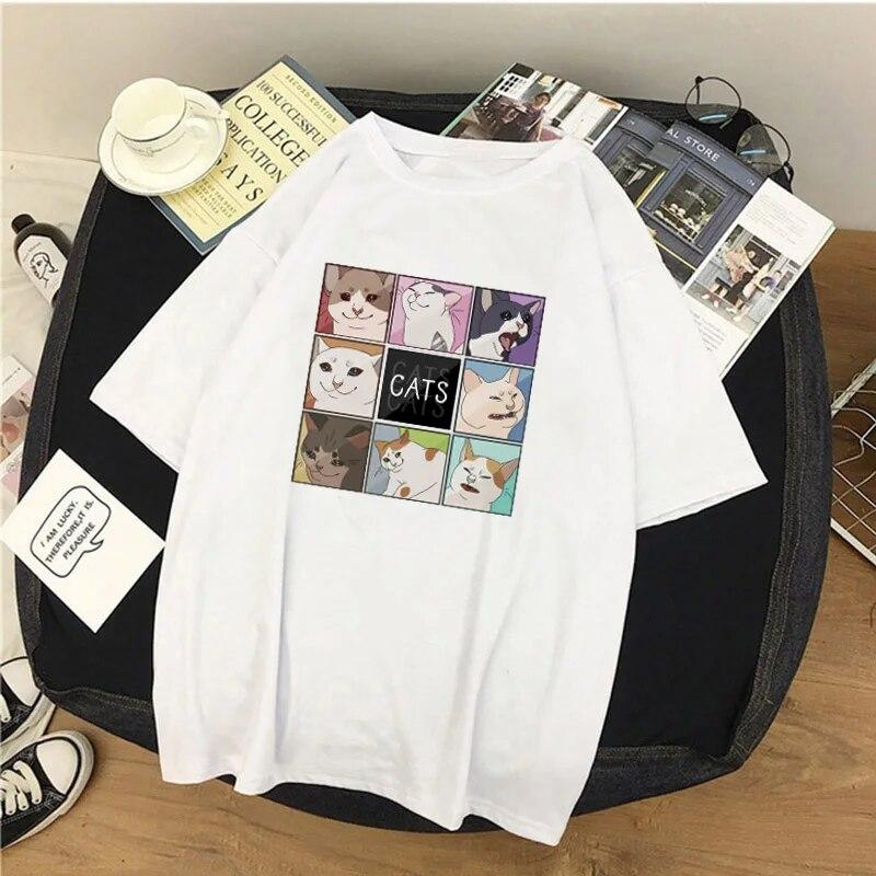 Kawaii Cat Graphic T Shirts Funy Spoof Tops Casual Ins Cartoon Loose Harajuku Women Tops Oversized T Shirt Punk Clothes