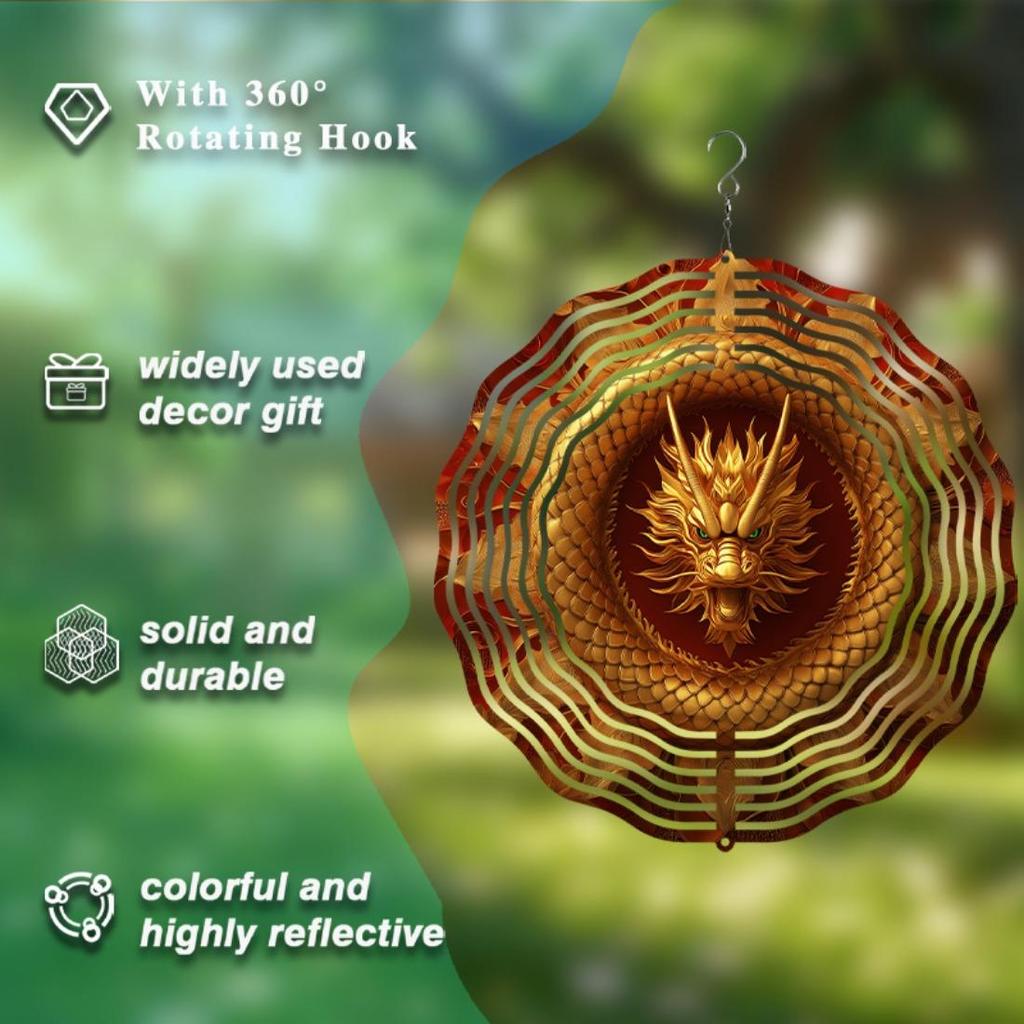 Golden Dragon Hanging Wind Spinner - 360° Rotating Metal Garden Decor with Fierce Dragon Design, Vibrant Red & Golden Colors