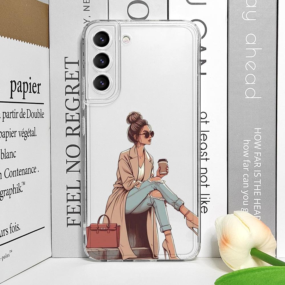 Fashion Girl Women Coffee Miss Transparent Phone Case for Samsung Galaxy S25 S24 S23 S22 S21 S20Plus Ultra FE A55 A54 Soft Cover