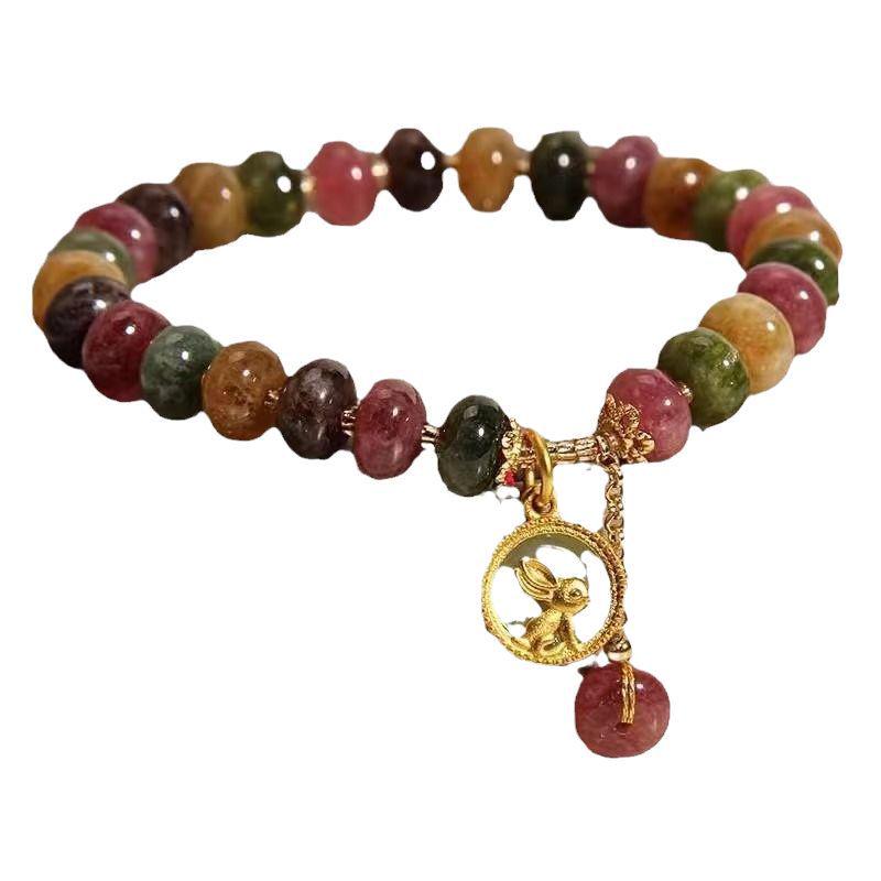 Women's Retro Jade & Tourmaline Bracelet with Moon Rabbit Pendant and Blessing Card