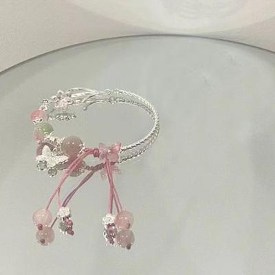 Peach Bowknot Bracelet for Women Ins Sweet Super Brightening Peach Pink Butterfly Beaded Bracelet Student Best Friend Gift
