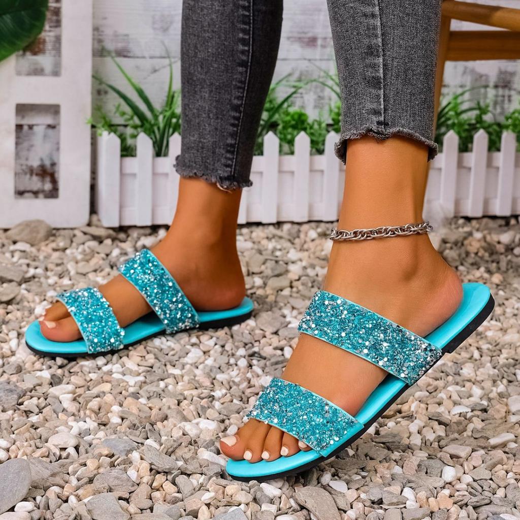 African one-word with flat bottom sequin round head women's cool slippers summer leisure beach fish mouth flat bottom women