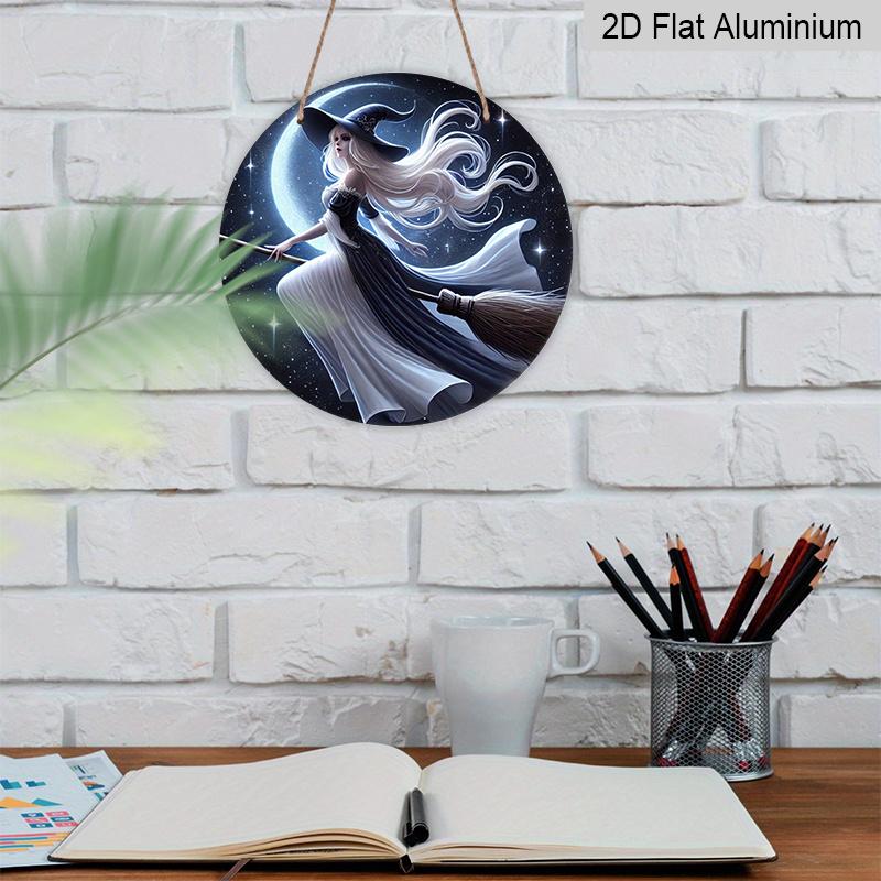 2D Flat 1pc, Printed Round Aluminum Metal Signage - Witch On a Broomstick, 8x8 In, Suitable for Door Decoration, Wall Decoration, Home, Room