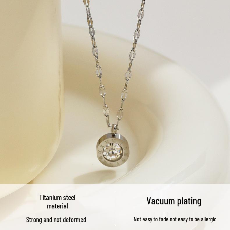 European & American INS Zircon Clavicle Chain: Versatile Diamond-Inlaid Roman Numeral Pendant Necklace