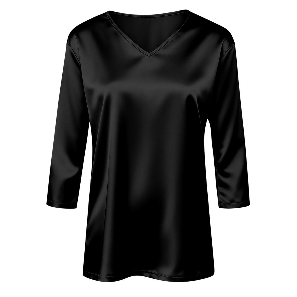 Women's V-neck Three-quarter Sleeve Satin Shirt Top, Lightweight For Spring And Summer