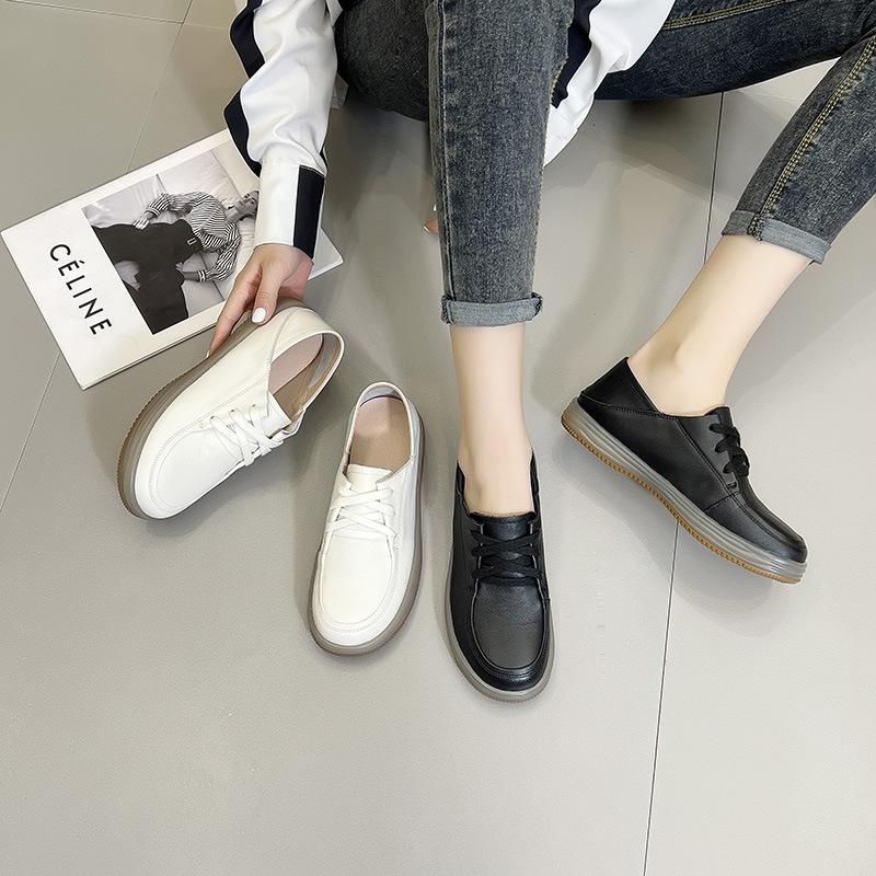 Fashion Top Layer Cowhide White Shoes for Women 2025 New Soft Soled Soft Faced Le Fu Mom Shoes Flat Shoes