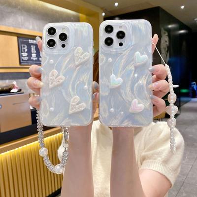 Feather Yarn Is Suitable for Apple 15 Spring and Summer Sweet Love Pearl Chain PC Laser IPhone 13 Mobile Phone Case 16