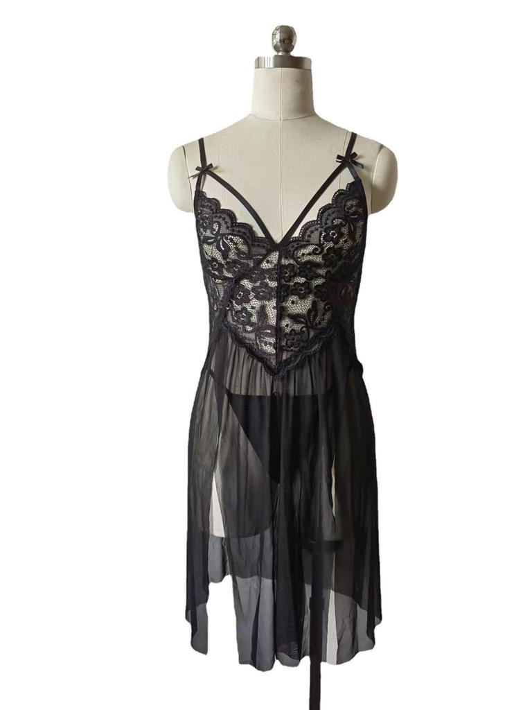 European & American Sexy Lace Mesh Slit Nightgown