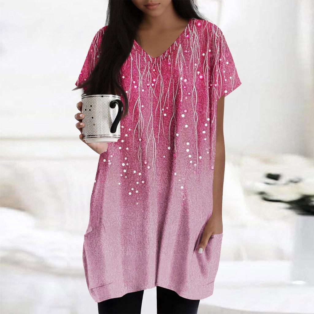 Womens Tops V-neck Short Sleeve Blouses Casual Mid-length Shirts Fashion Print Tunic Tops With Pockets