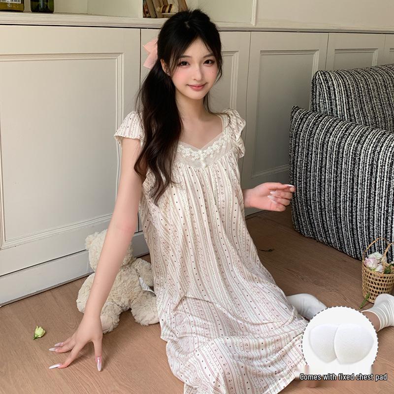 Women s Summer Striped Floral V-Neck Camisole Nightgown with Built-in Bra - Lyocell Pajamas XXL