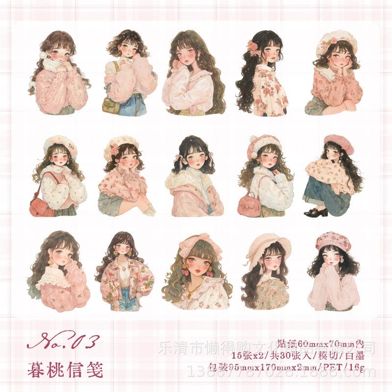 15Pcs Set Sweet Girl Stickers Candy Color Outfit Removable Adhesive Laptop Tablet Decor Decals