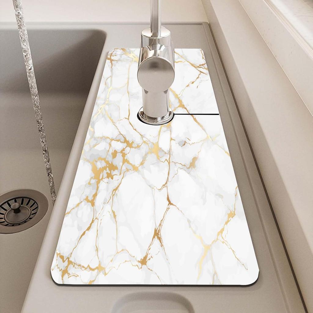 MCALK Marble White Kitchen Sink Faucet Mat Splash Guard, Absorbent Quick-Dry Kitchen Sink Mat - Ideal for Splash Guard & Drip Catching with Modern