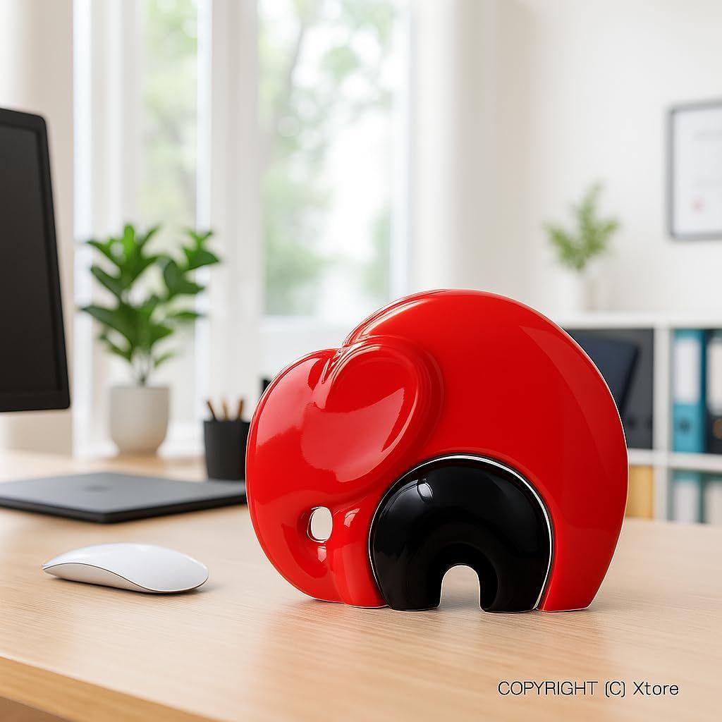 Home Décor Lucky Charm Elephant Mother & Child | Piano Finish Ceramic Figures - (Set of 2 Piece, Red and Black)