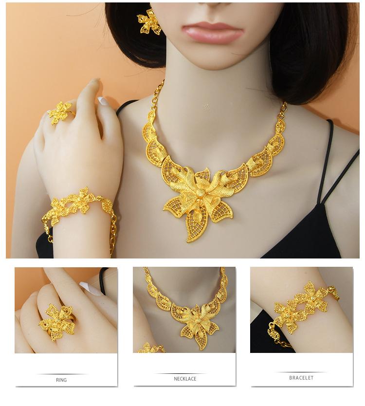 24K Dubai Gold Bridal Jewelry Set: Necklace, Bracelet, Earrings, Ring for African Women