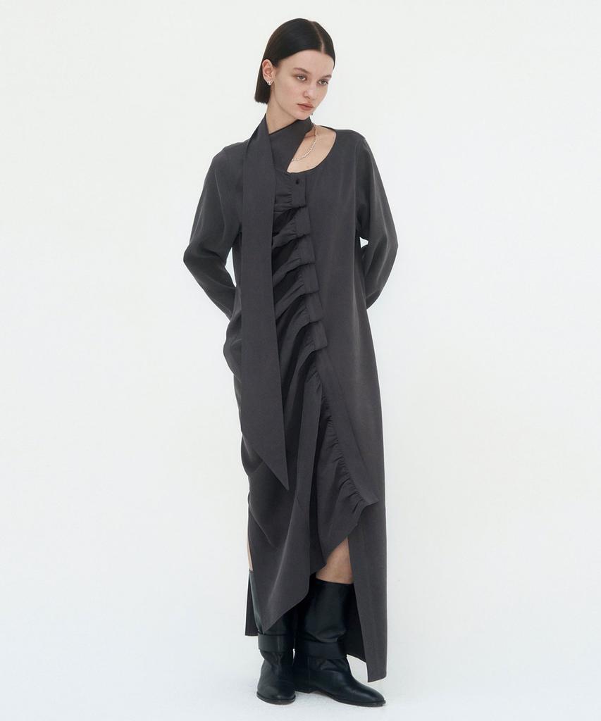 Teulimingbeodeu Scarf Shirring Long One-Piece [ Charcoal ]