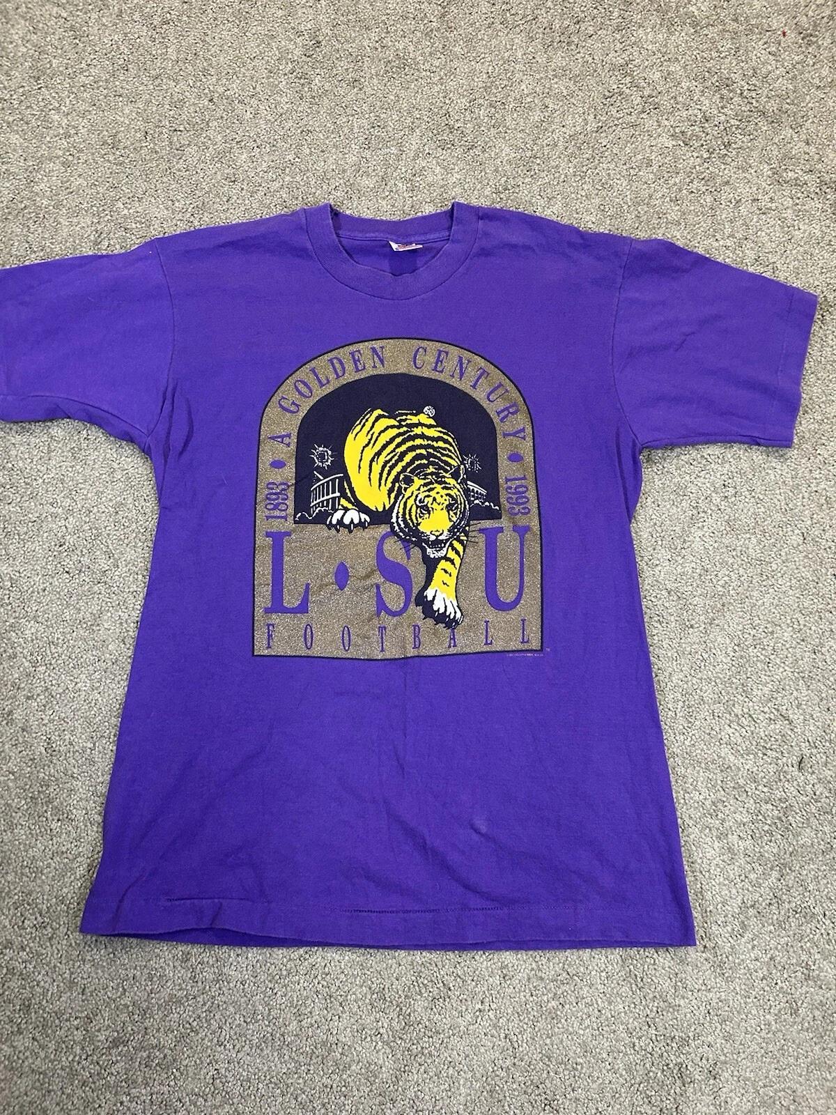 Vintage 90s LSU Tigers Football Gold Century Purple T-shirt Size Large 1993 FOTL 2XL