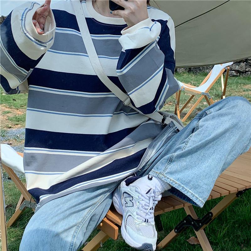 Bavlněná mikina pro ženy korejský styl podzim a zima nová volná pruhovaná tenká top pro ženy