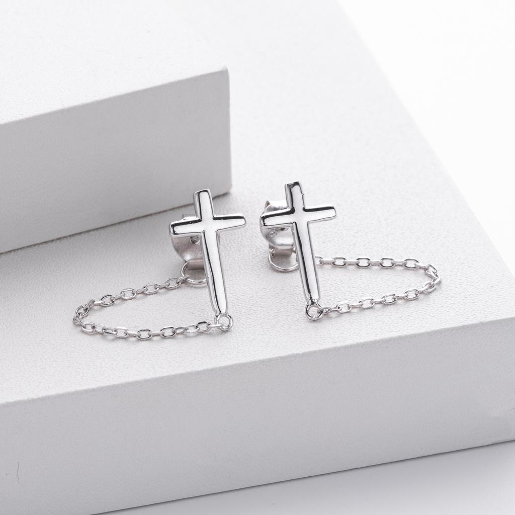 Fashion 925 Silver Plain Simple Cross Stud Earrings Jewelry 18K Gold Plated Tassel Chain Stud Earrings for Women