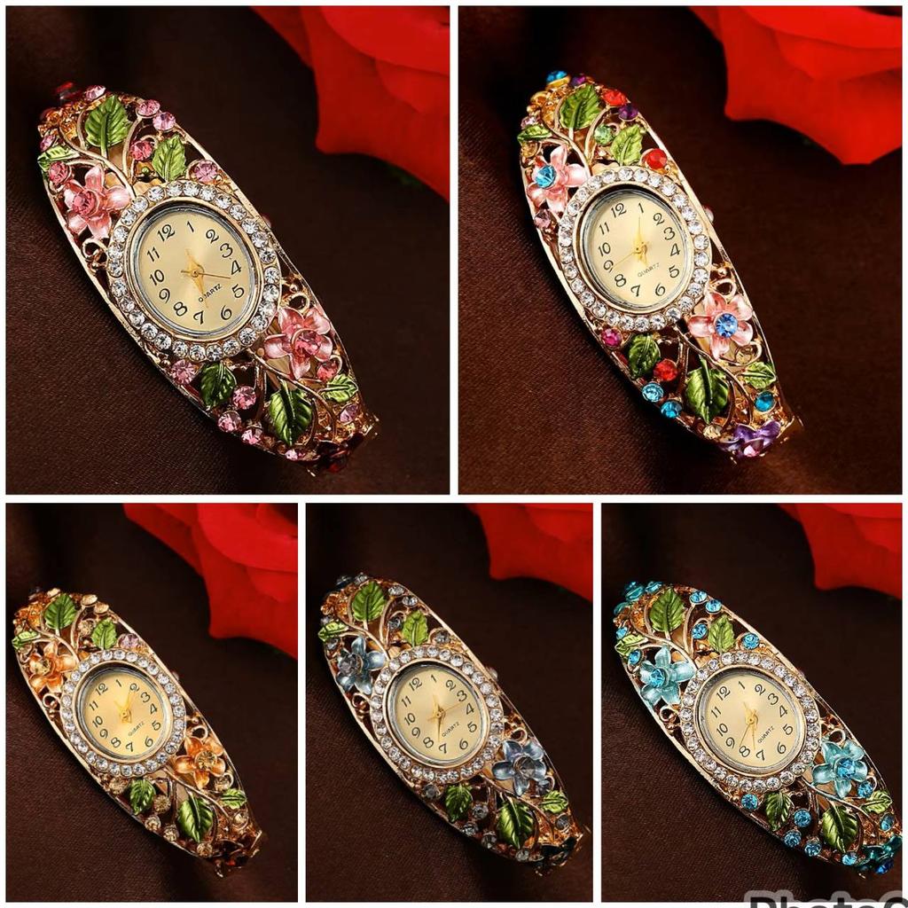 Vintage Retro Women Colored Crystal Bracelet Alloy Bangle Watch Girl Role Playing Princess Flower Leaf Wristwatch Fashion