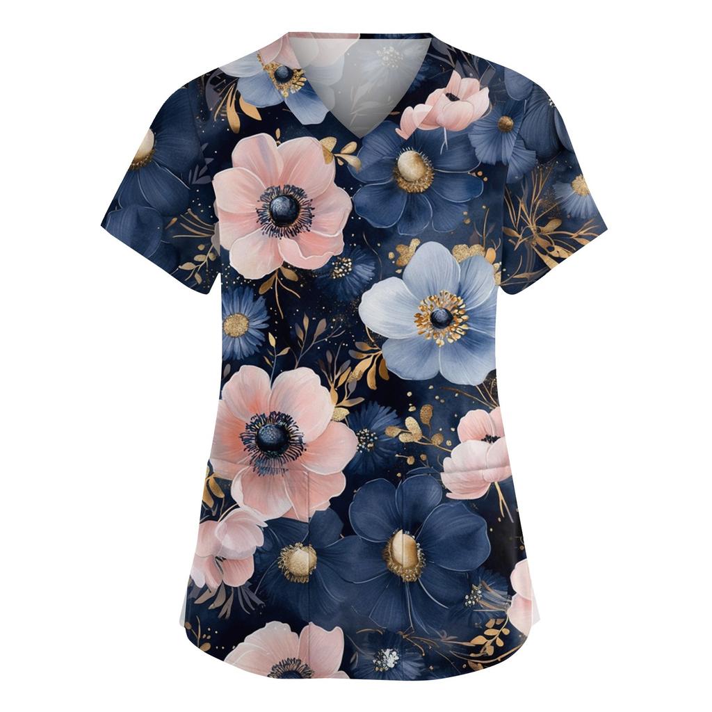 Damenmode V-Ausschnitt Kurzarm Overalls mit Taschen Print Tops Kleidung