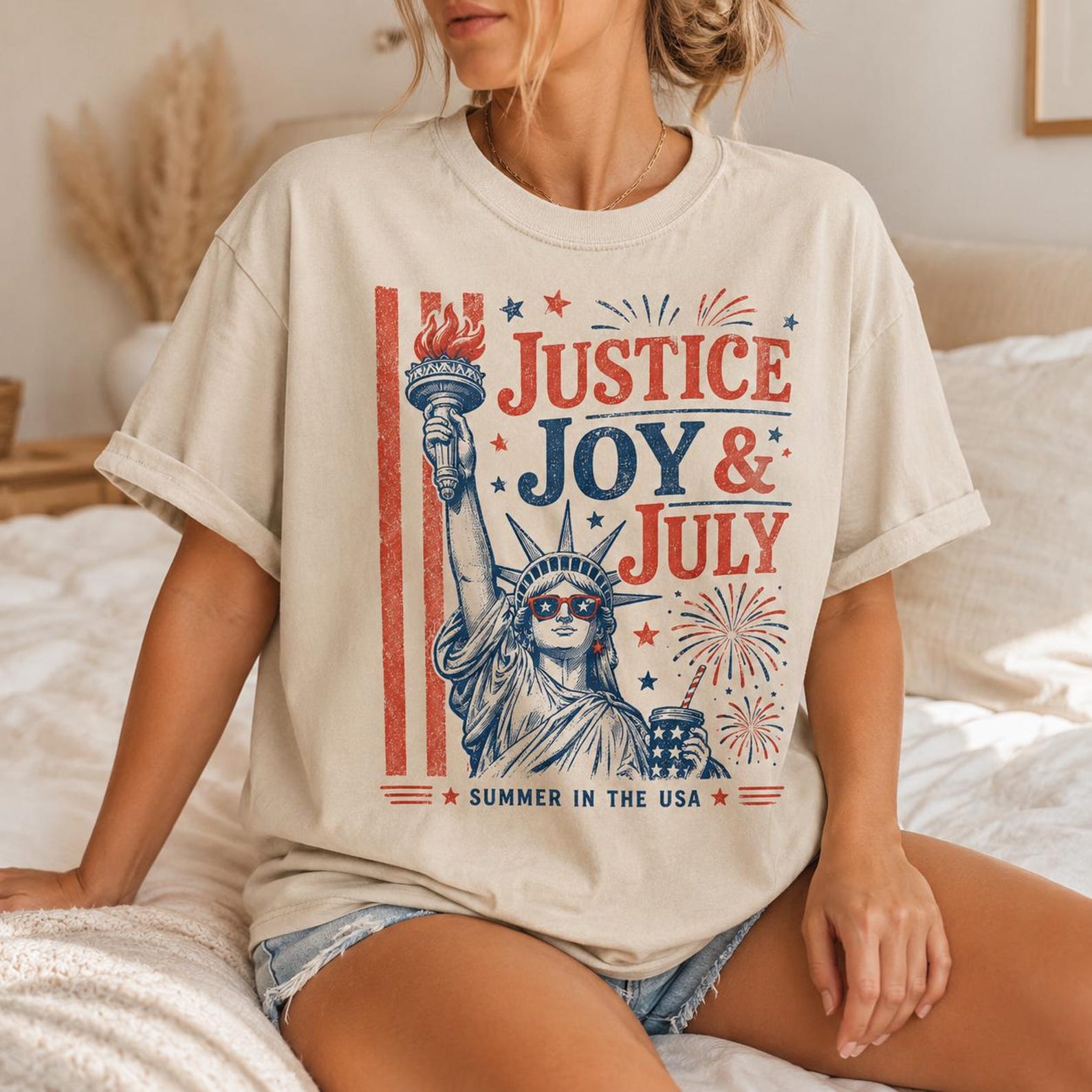 Justice Joy & July Shirt, 4th of July Patriotic Tee, Statue of Liberty Shirt, Independence Day Shirt, Comfort Colors USA Tee 3XL