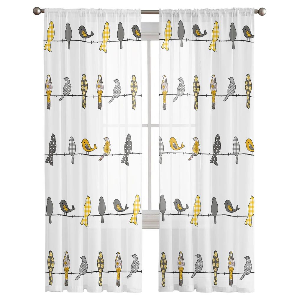 Bird Plaid Flower Yellow Orange Sheer Curtains For Living Room Bedroom Home Decor Kitchen Tulle For Windows Voile Drapes