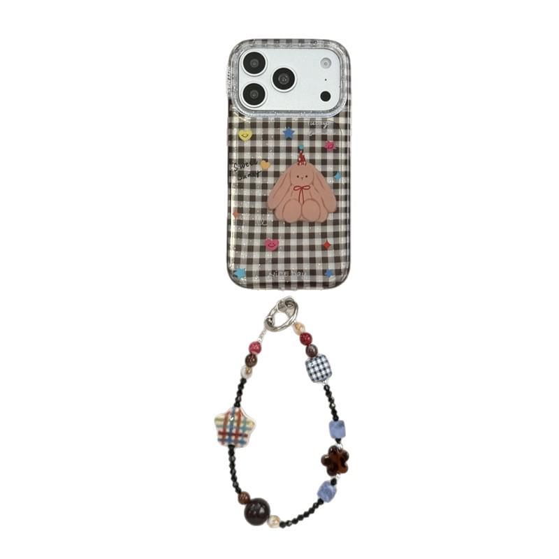 Custom Black Plaid Bunny Illustration Phone Case for iPhone 17/16 Pro Max/15/14