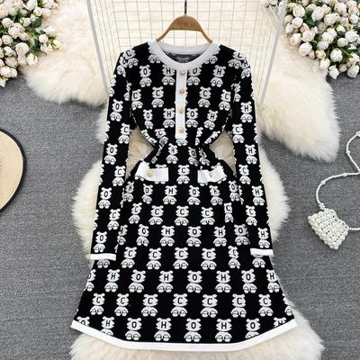 Autumn Fashion Brand Designer Cartoon Letter Knitted Sweater Dress Women Casual Mini Short A-line Knitwear