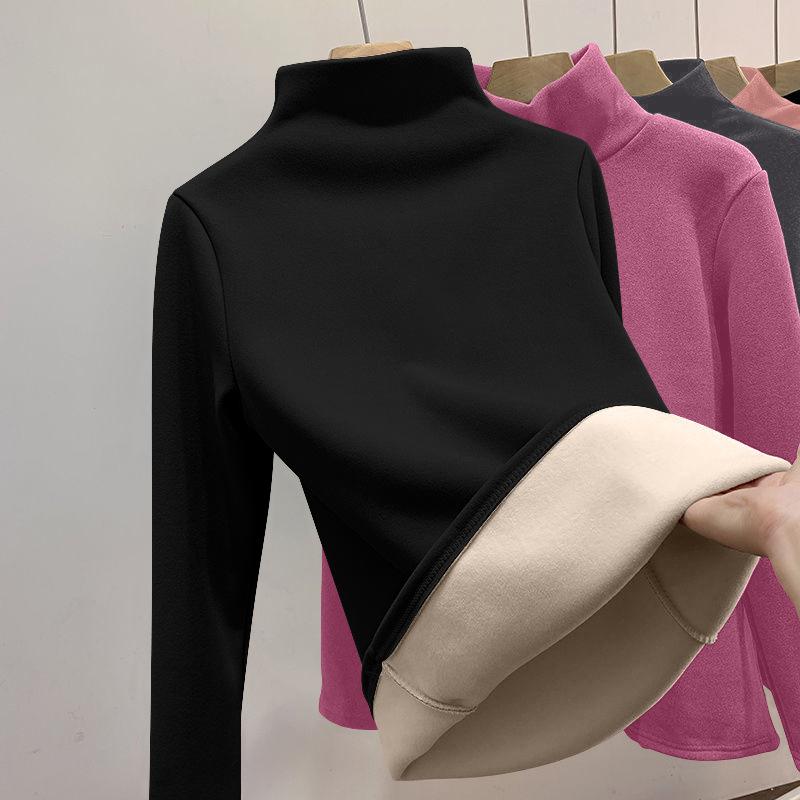 Women Winter Half High Collar Bottom Shirt Solid Semi High Collar Long Sleeve Basic T-Shirt Heating Pullovers