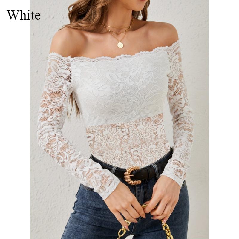 Pure Desire Spice One Line Neck Lace Top Women's New Sexy Slim V-neck with Elegant Off-the-shoulder Long Sleeve T-shirt