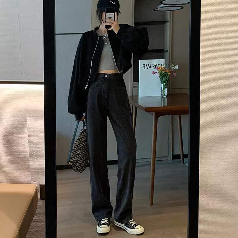 Petite High-Waisted Retro Dark Blue Wide-Leg Jeans with Plus Velvet - Women s Autumn/Winter 2025 Collection. Black 862