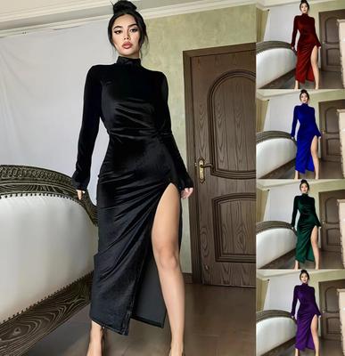Europäischer & Amerikanischer Stil Damen Samt Kleid mit hohem Kragen, Slim Fit, mit Falten & Schlitz - Herbst/Winter 2022 Kollektion
