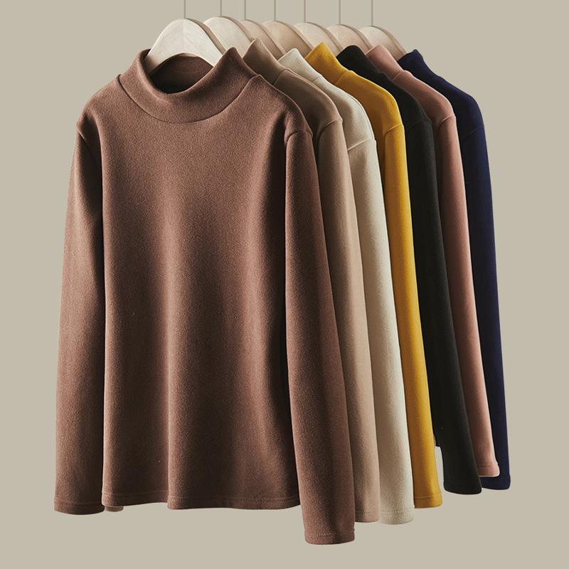 Plus Velvet Bottoming Shirt Women's Autumn Winter Thickened Half-high Collar Long-sleeved Solid Color Pullover Warm Top T-shirt