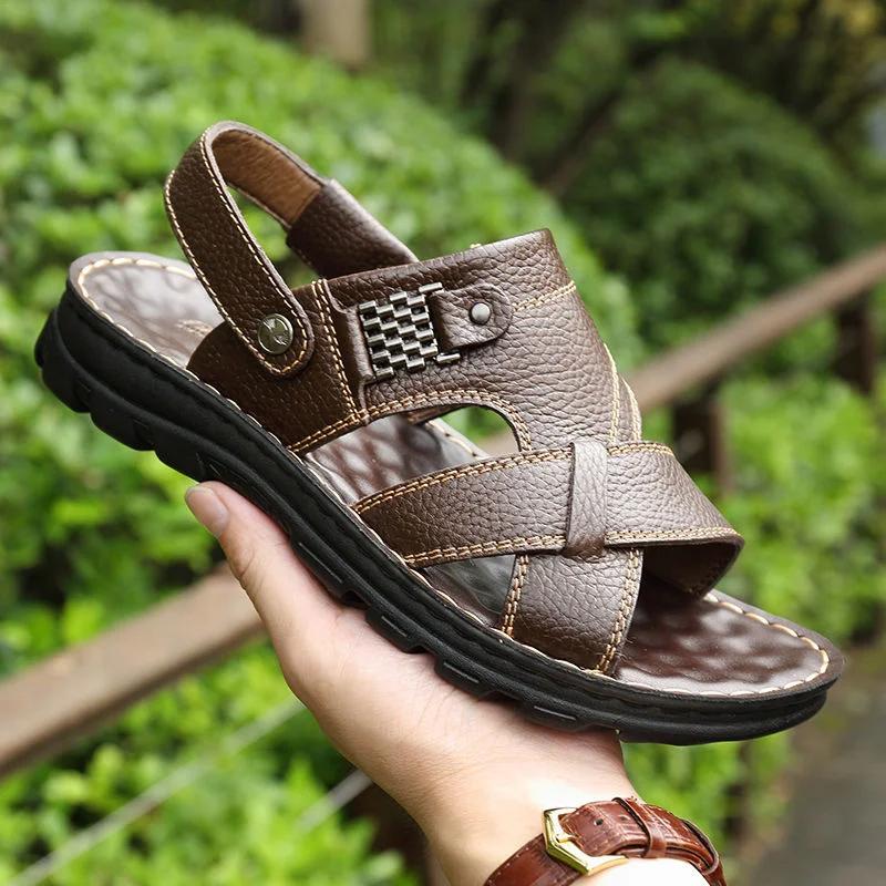 Fashion Summer Men Leather Sandals Genuine Leather Non-slip Men Shoes Slippers Outdoor Thick-soled Beach Shoes Comfor Soft Men Sandalias