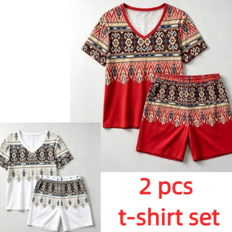 Summer Fashion Bohemian Style Geometry Pattern Printed V- Neck Short Sleeved T-Shirt And Shorts Set Women's and Men's T-shirt Shorts Set