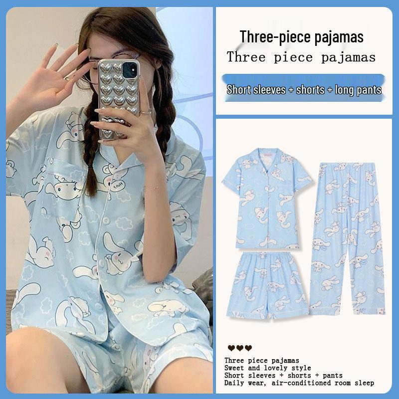 Kuromi Japanese-Style Cotton Pajamas: Women's Summer Lapel Sweet Cardigan Homewear Three-Piece Set