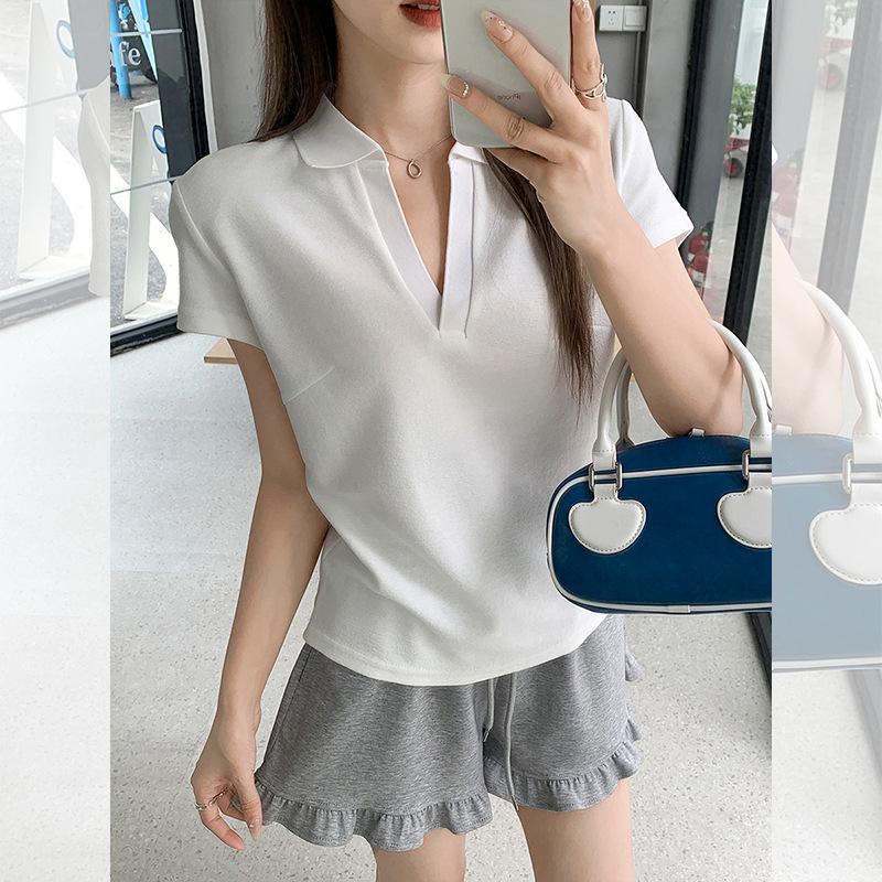 Simple casual Polo collar short-sleeved T-shirt women's summer shoulder thin temperament beautiful high-end small top