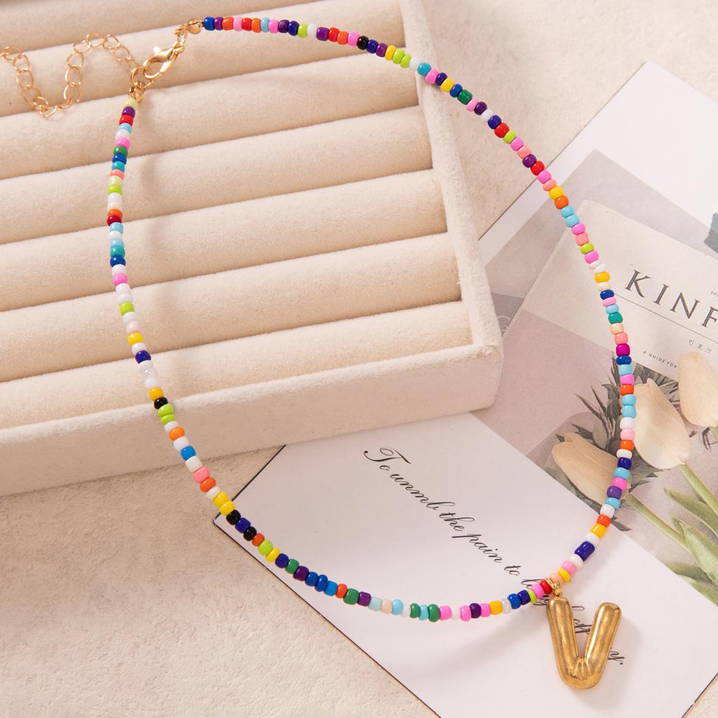 Bubble Alphabet Colored Rice Beads Handmade Beaded Delicate Beach Bohemian Necklace Collarbone Chain