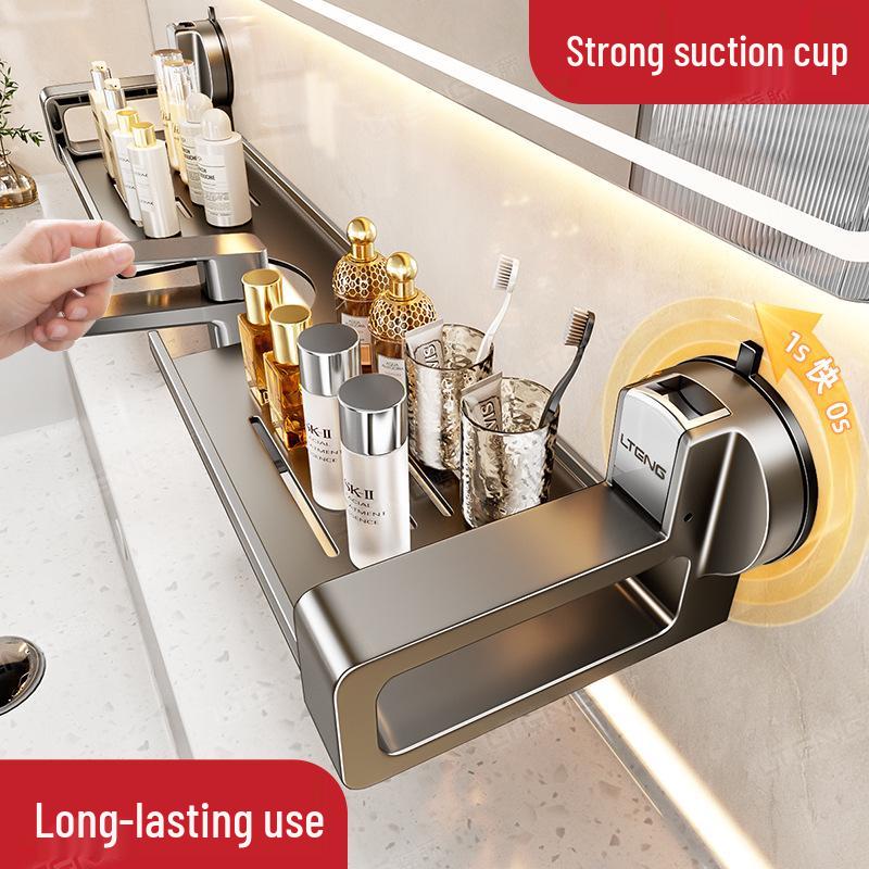 Wall-Mounted Bathroom Shelf with Mirror and Faucet Suction Cup Holder