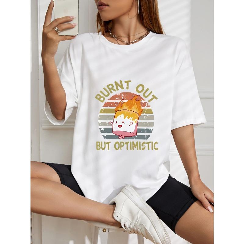 White T-Shirt With Burnt Out But Optimistic Cartoon Marshmallow Print For Casual Wear