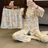 Pajamas Women's Summer New Cartoon Full of Thin Imitation Cotton Sweet Lotus Leaf Edge Short-sleeved Loungewear Three-piece Set