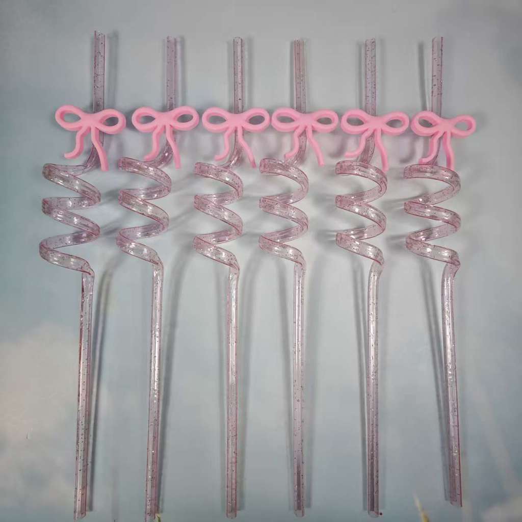 Reusable Pink Butterfly Bow Drinking Straw With Spiral Design For Kids And Party Use