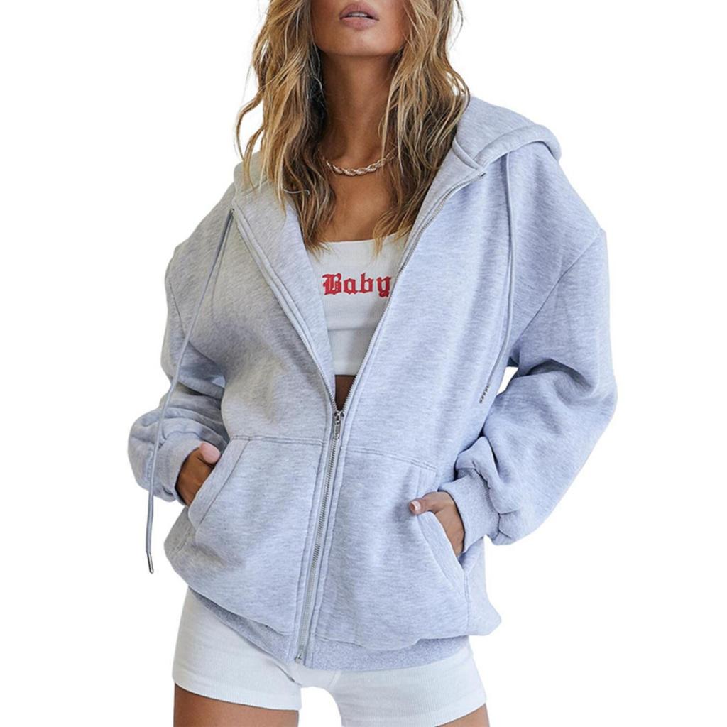 Women's Zip Up Hooded Sweatshirt Jacket Loose Fit Casual Solid Color Long Sleeve Outerwear