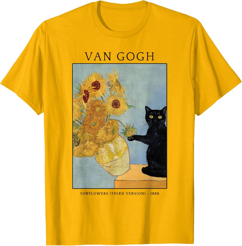Černá kočka Van Gogh Slunečnice Umělecká parodie Grafické tričko Měkká bavlna Ležérní tričko s kulatým výstřihem