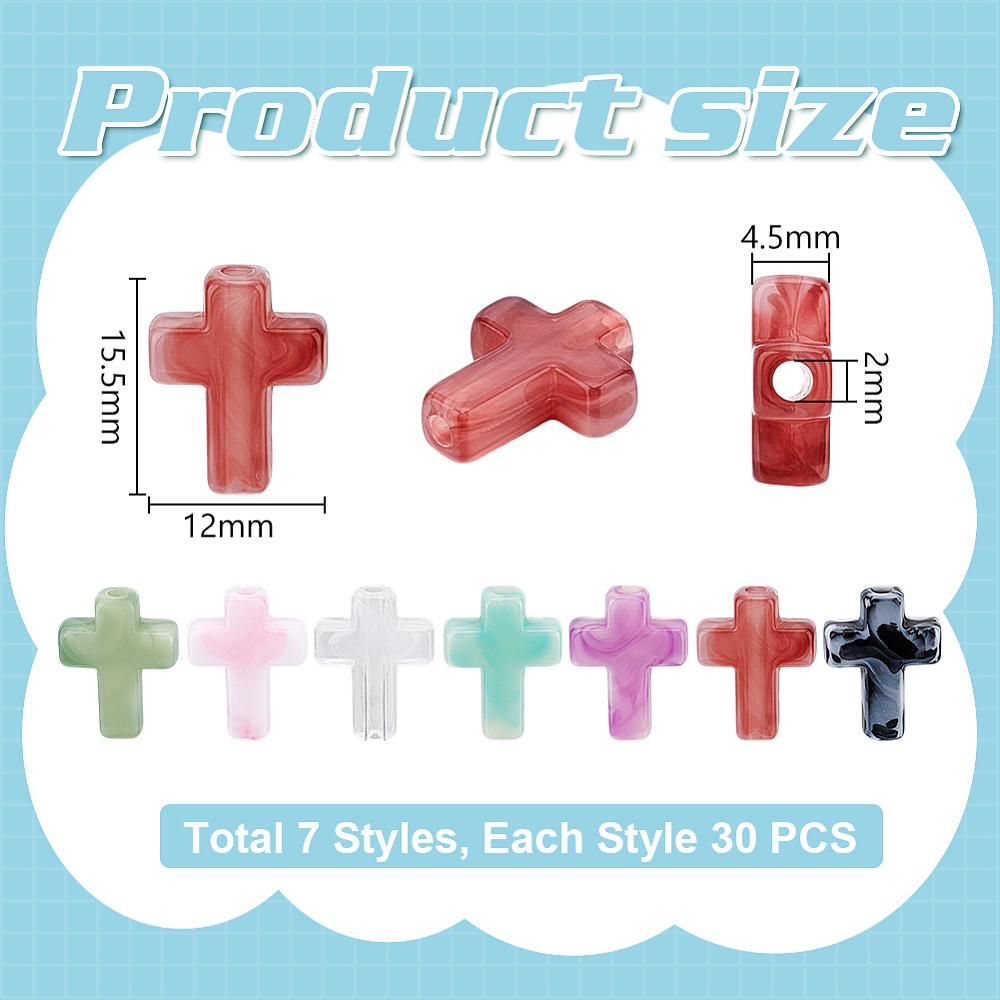210Pcs 7 Colors Acrylic Beads, Imitation Gemstone, Cross, Mixed Color, 15.5x12x4.5mm, Hole: 2mm, 30pcs/color