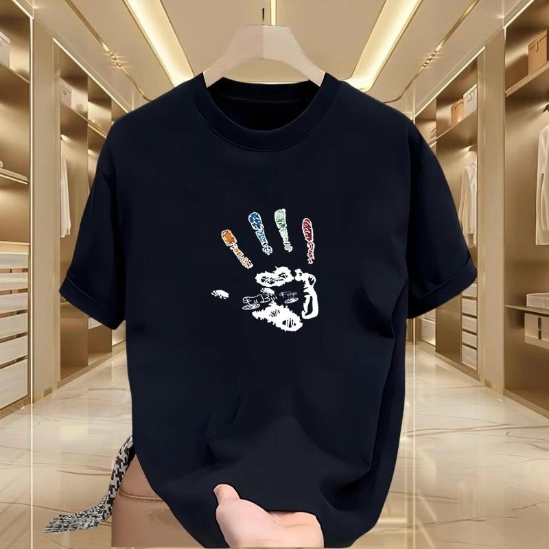 Palm Print Short-sleeved T-shirt Men's and Women's Summer Trend Men's T-shirt White Cotton Loose Versatile Top