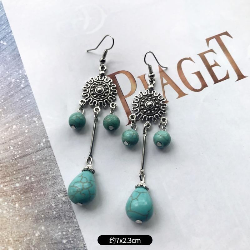 Temperament Retro Turquoise Earrings, Ancient Silver Water Drop Fringed Earrings, Women's Versatile Long Ear Jewelry