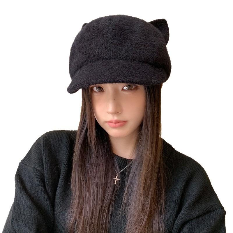 Autumn and winter hat women's cute cat ear duck tongue velvet thermal hat fashionable versatile octagonal hat painter hat