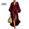 Comfortable Daily Wear Dress Women's Cotton Linen Maxi Dress, V Neck Batwing Sleeve Lightweight Summer High Split Loose Casual Beach Sundress