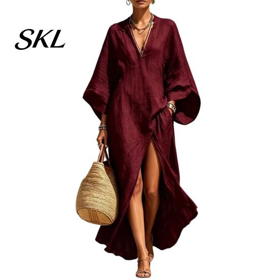 Comfortable Daily Wear Dress Women's Cotton Linen Maxi Dress, V Neck Batwing Sleeve Lightweight Summer High Split Loose Casual Beach Sundress